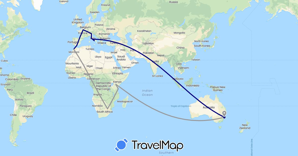 TravelMap itinerary: driving, plane in Australia, Spain, France, Italy, Kenya, Morocco, Tanzania, South Africa (Africa, Europe, Oceania)